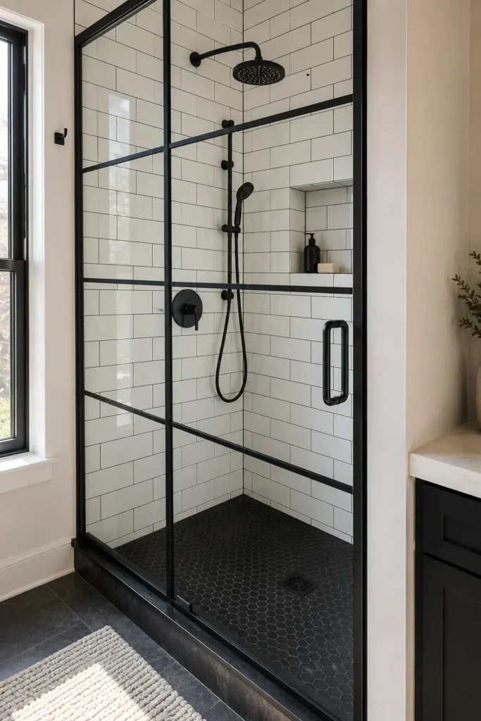 Modern bathroom shower with white subway wall tile, black grout, matte black shower fixtures, a black-framed glass enclosure, and a dark hexagon tile floor.