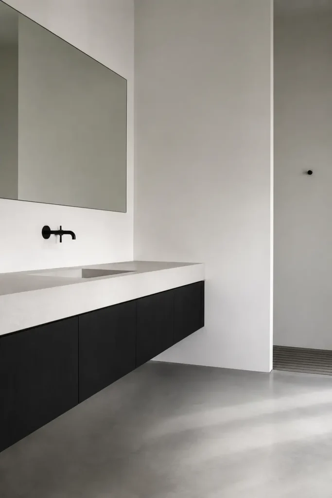 Minimalist black and white bathroom with a floating black vanity, frameless mirror, wall-mounted black faucet, smooth white walls, hidden storage, and large empty counter space.