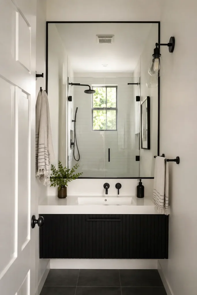 Small black and white bathroom with a large mirror reflecting the glass shower, slim black vanity, white walls, matte black fixtures, and bright natural light creating a more spacious look.