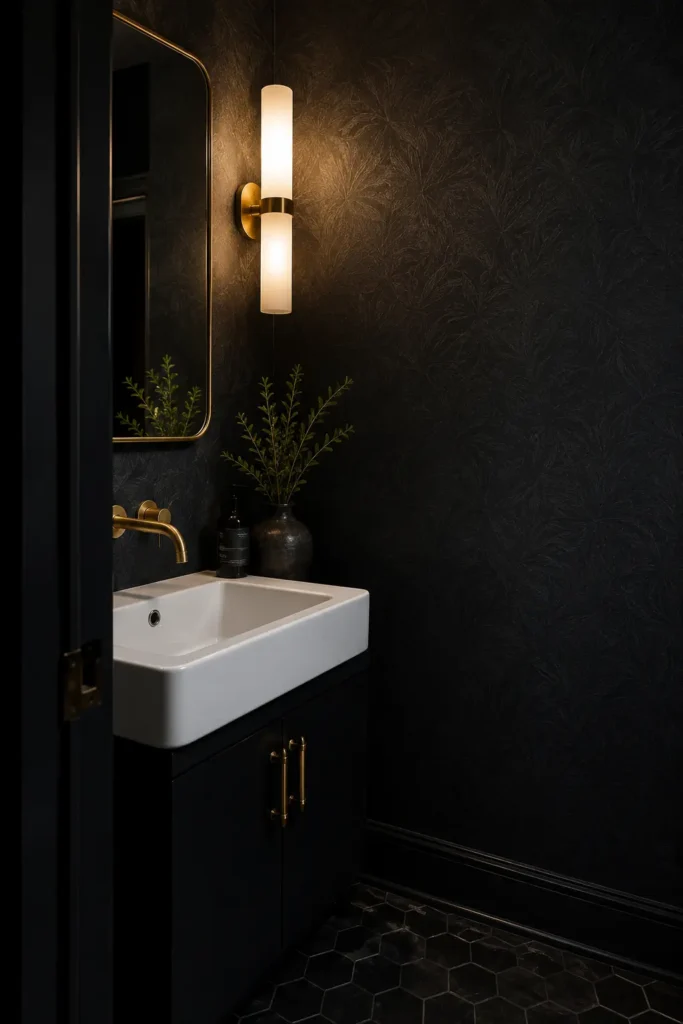 Moody black powder room with a dramatic textured black wall, white basin sink, brass faucet, warm wall sconce, small mirror, black vanity, and dark hexagon floor tile.