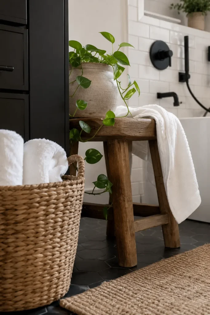 Cozy black and white bathroom detail with a rustic wood stool, woven basket filled with white towels, green trailing plant, black fixtures, white tile, and natural textured rug.