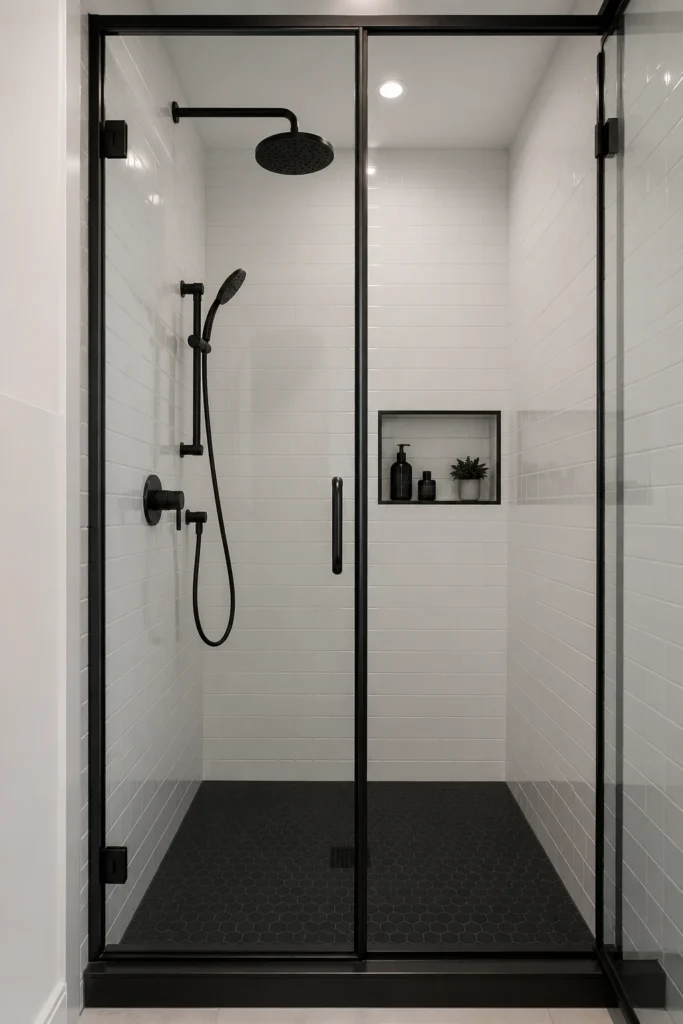 A modern black and white shower room featuring a tall black-framed glass shower enclosure, glossy white wall tiles, matte black shower fixtures, a black-trimmed niche, and a dark shower floor.