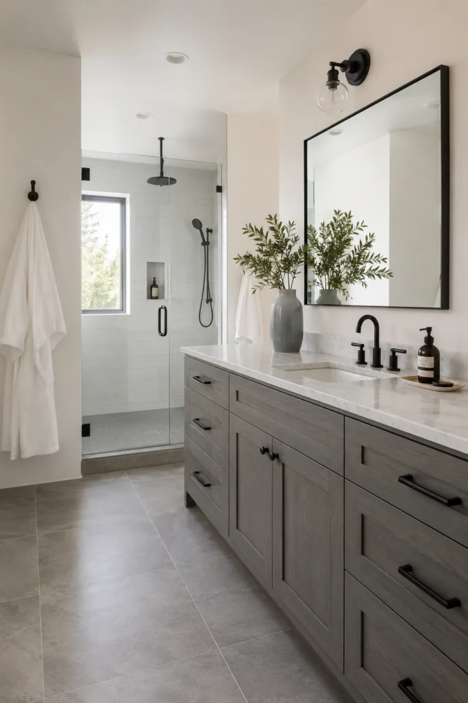 Modern black, white, and gray bathroom with a gray wood vanity, gray floor tiles, white walls, black fixtures, glass shower, large mirror, and soft natural light.