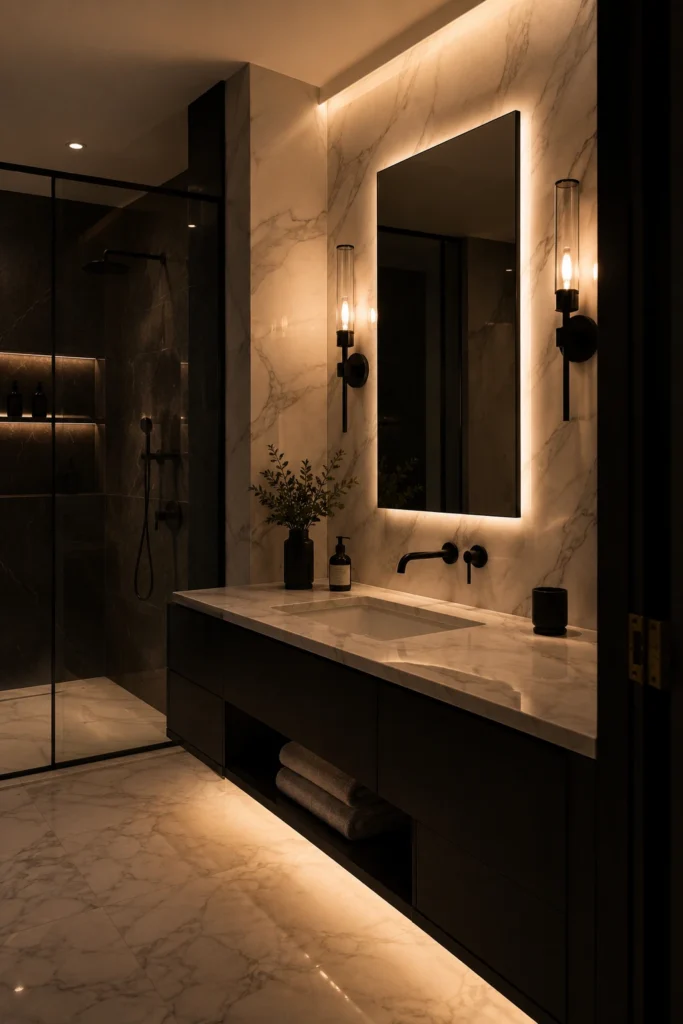 A luxury black and white bathroom with warm layered lighting, featuring wall sconces, a softly backlit mirror, under-vanity glow, black fixtures, marble surfaces, and a dramatic evening ambience.