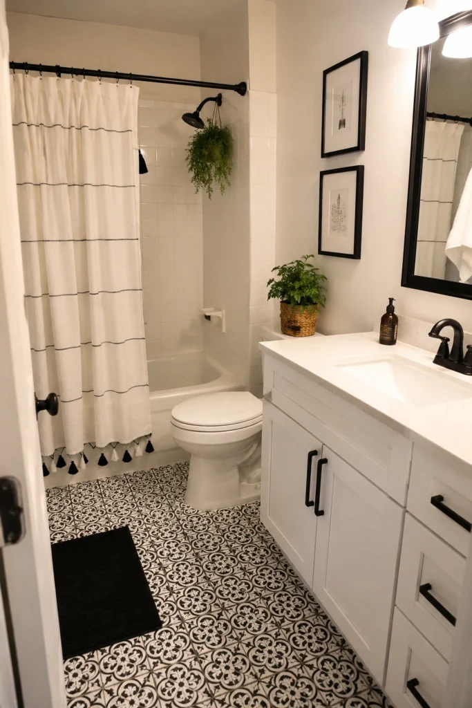 A small budget-friendly black and white bathroom remodel with a white vanity, black mirror frame, black cabinet handles, patterned peel-and-stick floor tile, a simple shower curtain, fresh towels, and affordable decor.