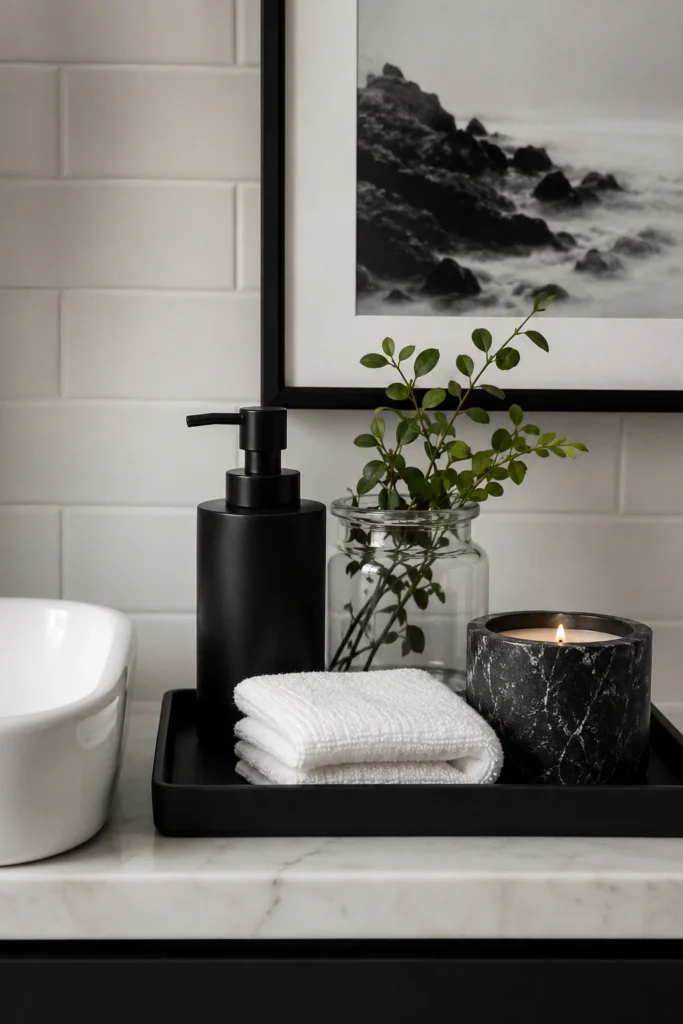 A photorealistic black and white bathroom styling detail featuring a black soap dispenser, folded white towel, black tray, stone candle, clear glass jar with greenery, and a framed black-and-white print against a simple tile background.