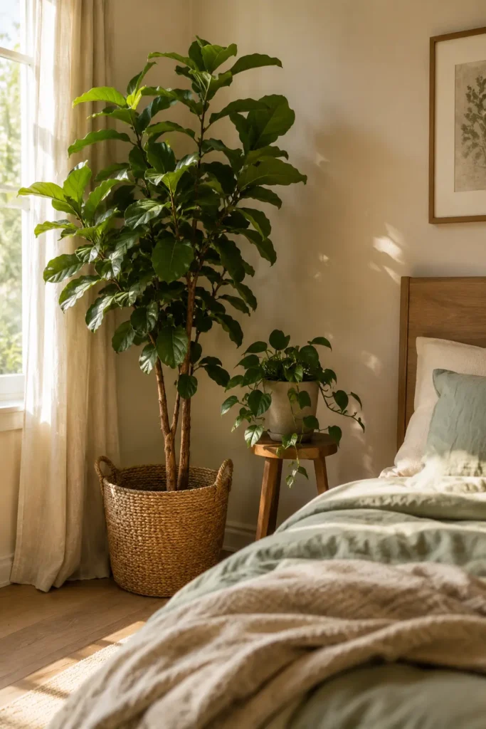 Cozy bedroom corner with a large leafy floor plant in a woven basket, a smaller potted plant on a wooden stool, soft bedding, warm neutral walls, and natural morning light.
