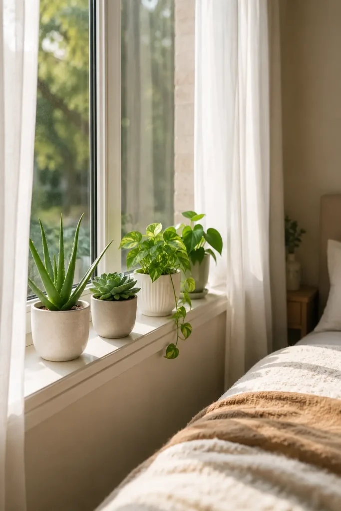 Bright bedroom window sill styled with small indoor plants, including aloe vera, succulent, pothos, and money plant, framed by soft white curtains with warm bedding in the background.