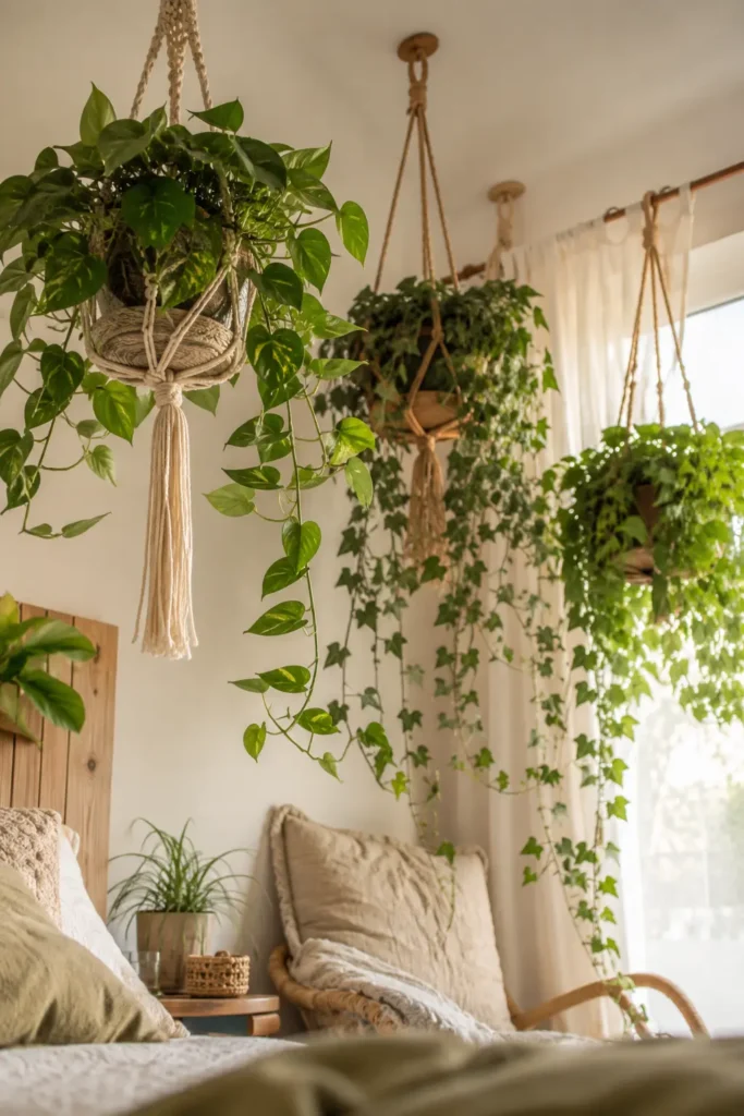 Dreamy bedroom corner with hanging pothos and trailing ivy in macrame plant hangers, soft beige decor, a cozy chair, and warm natural light near a window.
