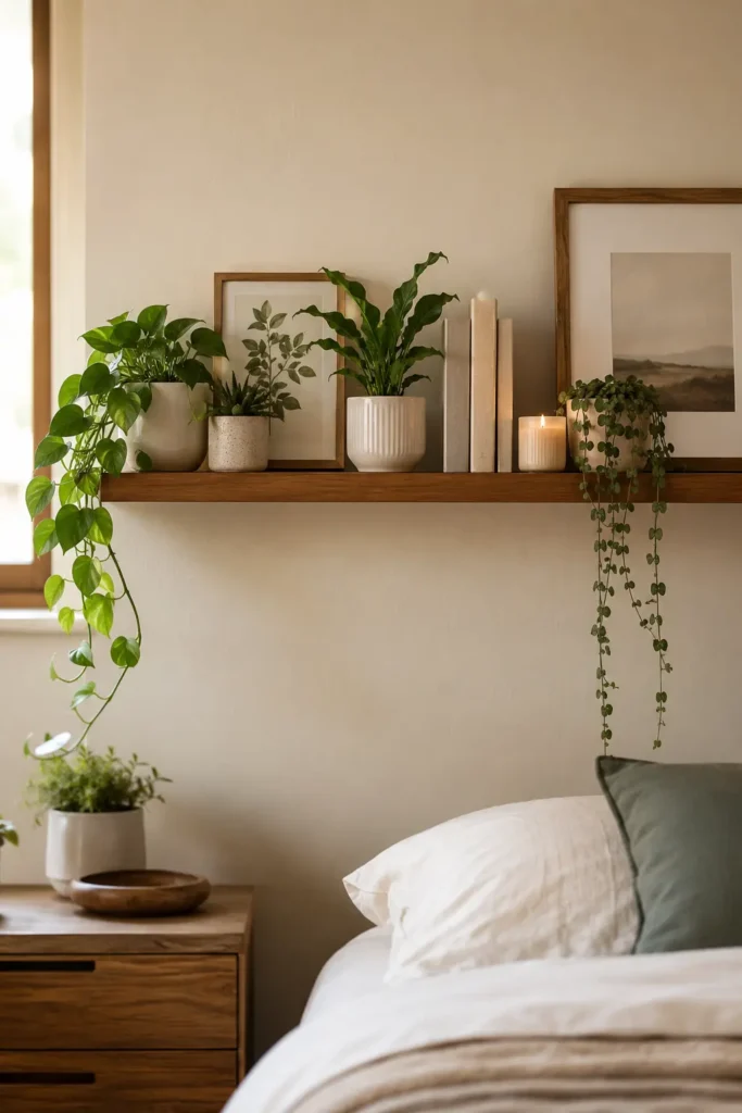 Bedroom wall shelf styled with small potted plants, trailing vines, books, framed art, a candle, and ceramic pots above a bed and wooden nightstand.