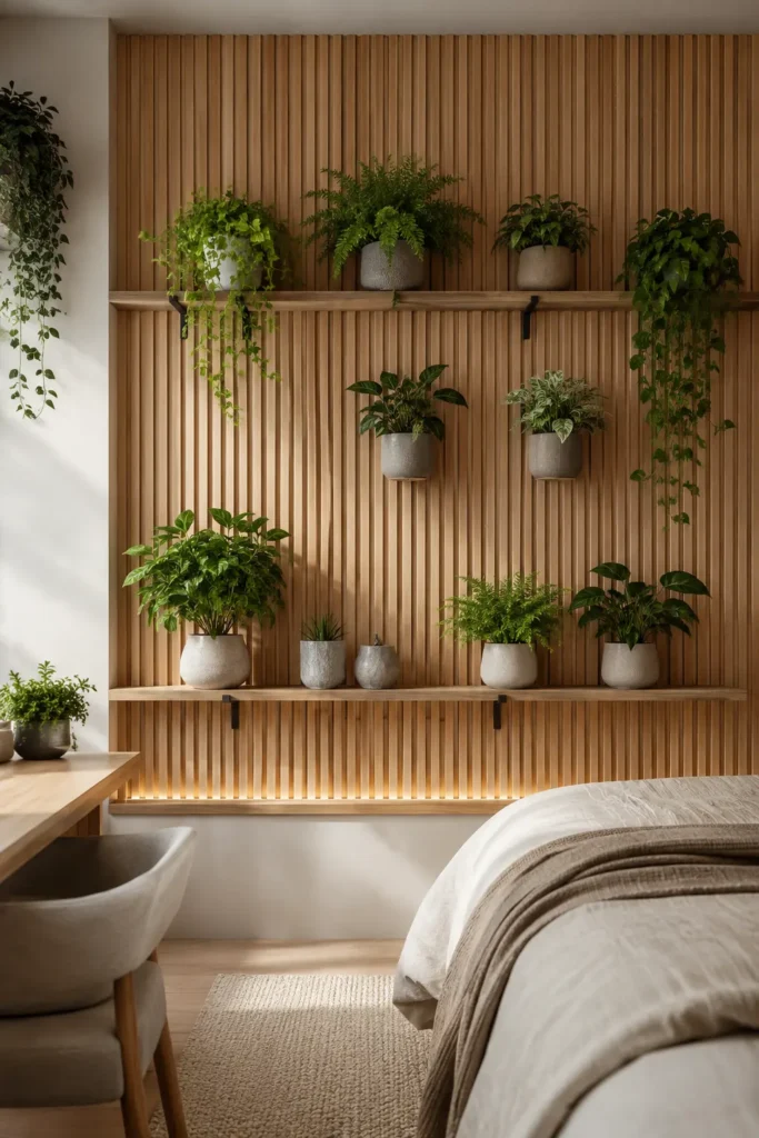 Modern bedroom with a wood slat plant wall featuring slim shelves, potted greenery, trailing plants, warm lighting, and a small portion of the bed and desk below.