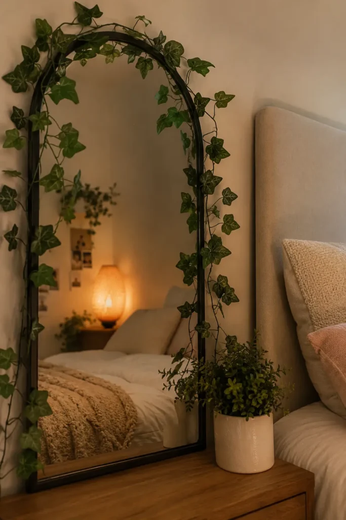 Cozy bedroom mirror styled with neat artificial ivy vines, a realistic potted plant in a ceramic pot, soft bedding, cream walls, and warm ambient lighting.