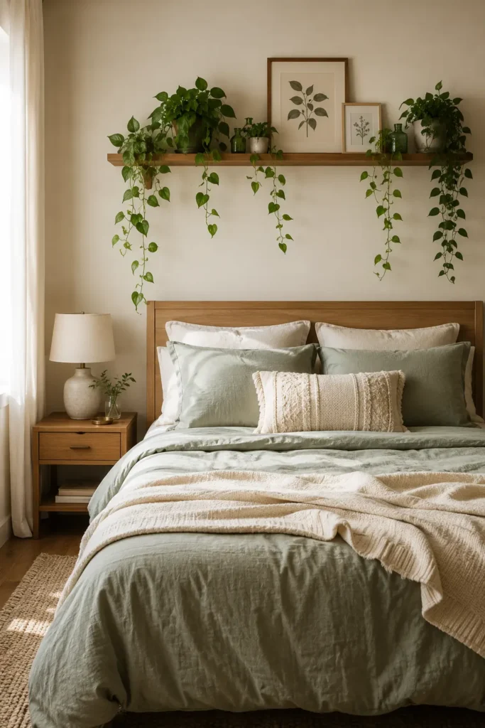 Cozy bedroom with lightweight trailing vines, botanical prints, a slim wood shelf, and small plant accents styled safely above a simple headboard.