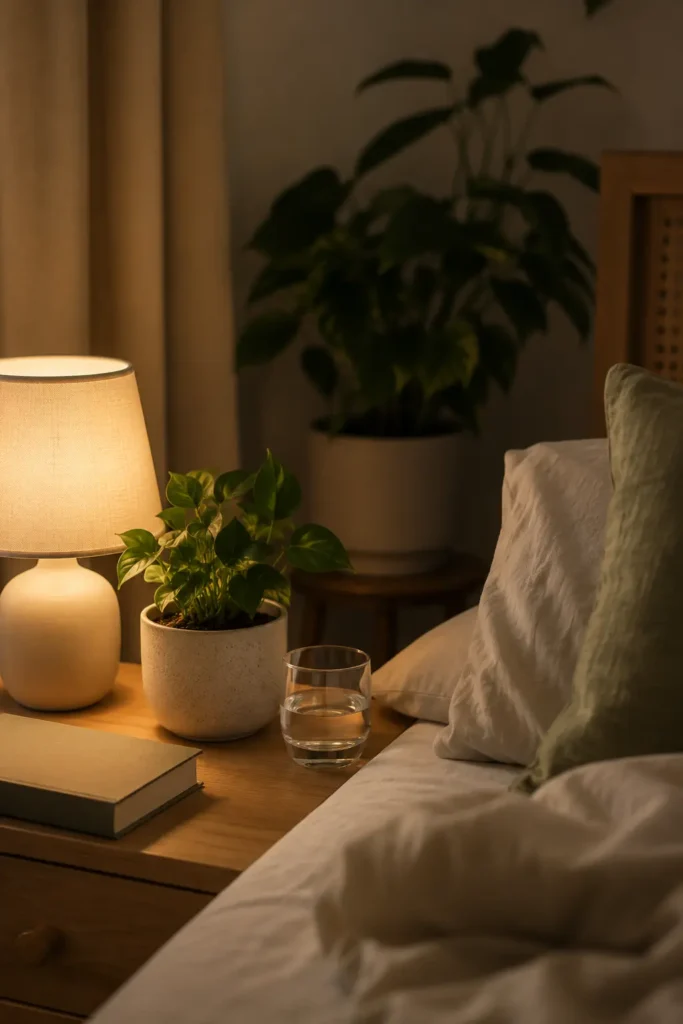 Peaceful bedside table with a small potted plant, warm lamp, book, glass of water, soft sage bedding, and a larger plant blurred in the background.