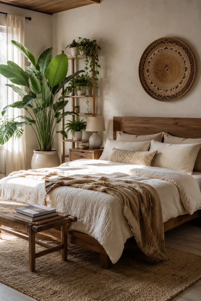 Cohesive boho-Japandi bedroom with a statement leafy plant, ceramic planters, neutral bedding, warm wood furniture, woven textures, and soft natural light.