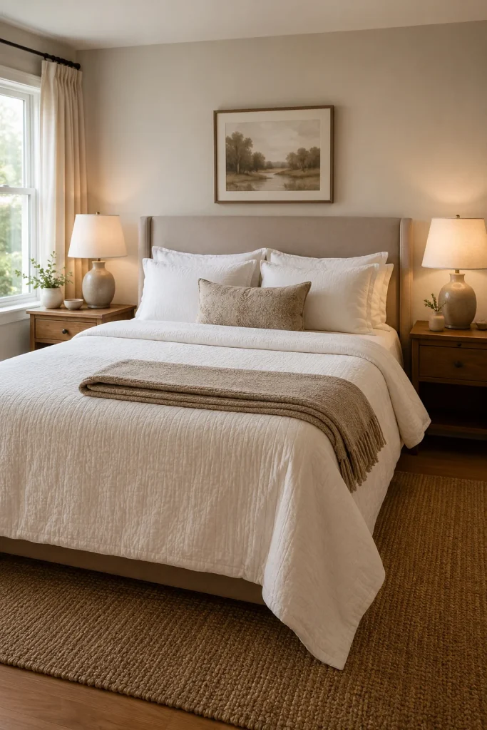 Cozy guest bedroom with a neatly made bed, crisp white bedding, two sleeping pillows, a folded blanket at the foot of the bed, warm bedside lamps, wood nightstands, and soft neutral decor.