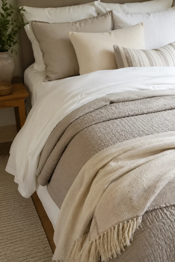 Close-up of layered guest bed bedding with white cotton sheets, a washable duvet, soft quilt, lightweight throw blanket, stacked neutral pillows, and cozy fabric textures.