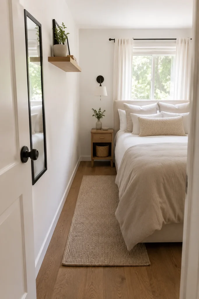 Small guest bedroom photographed from the doorway with a compact bed, slim nightstand, wall-mounted light, mirror, floating shelf, soft curtains, and a clear walking path.