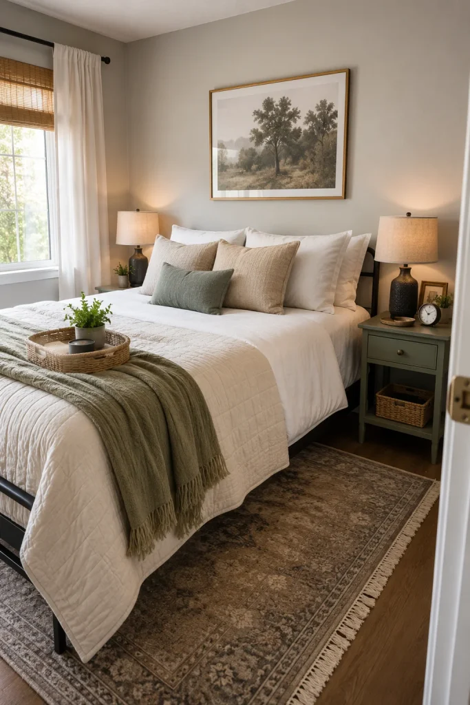 Cozy guest bedroom with neutral bedding, matching bedside lamps, simple nightstands, framed wall art, a soft throw blanket, bedside tray, and clean curtains in natural daylight.