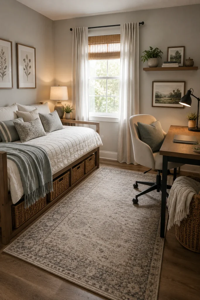 Dual-purpose guest bedroom and office featuring a daybed with storage baskets underneath, a compact wooden desk, upholstered desk chair, soft neutral bedding, framed wall art, and warm ambient lighting.