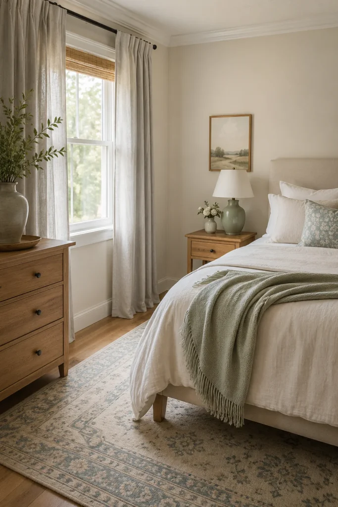 Peaceful guest bedroom corner featuring cream walls, beige bedding, soft gray linen curtains, a pale sage throw blanket, warm oak furniture, and a light patterned rug, illuminated by gentle morning daylight.