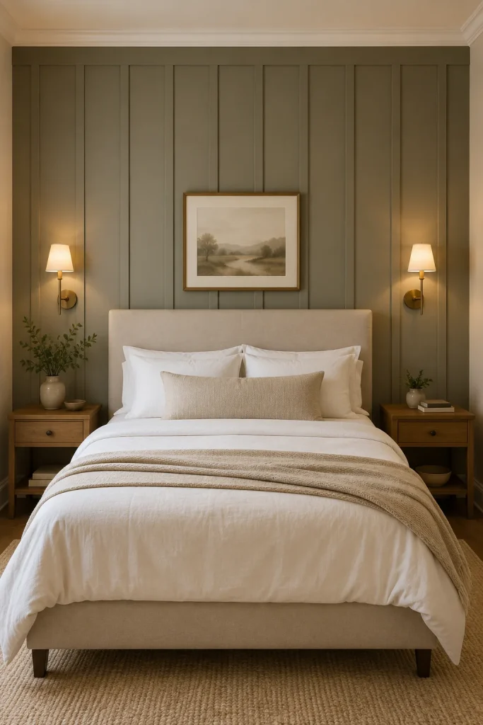 Symmetrical guest bedroom featuring a muted greige vertical paneled accent wall behind a centered upholstered bed, paired with matching brass wall sconces, simple framed artwork, neutral white bedding, beige accents, and warm evening lighting.