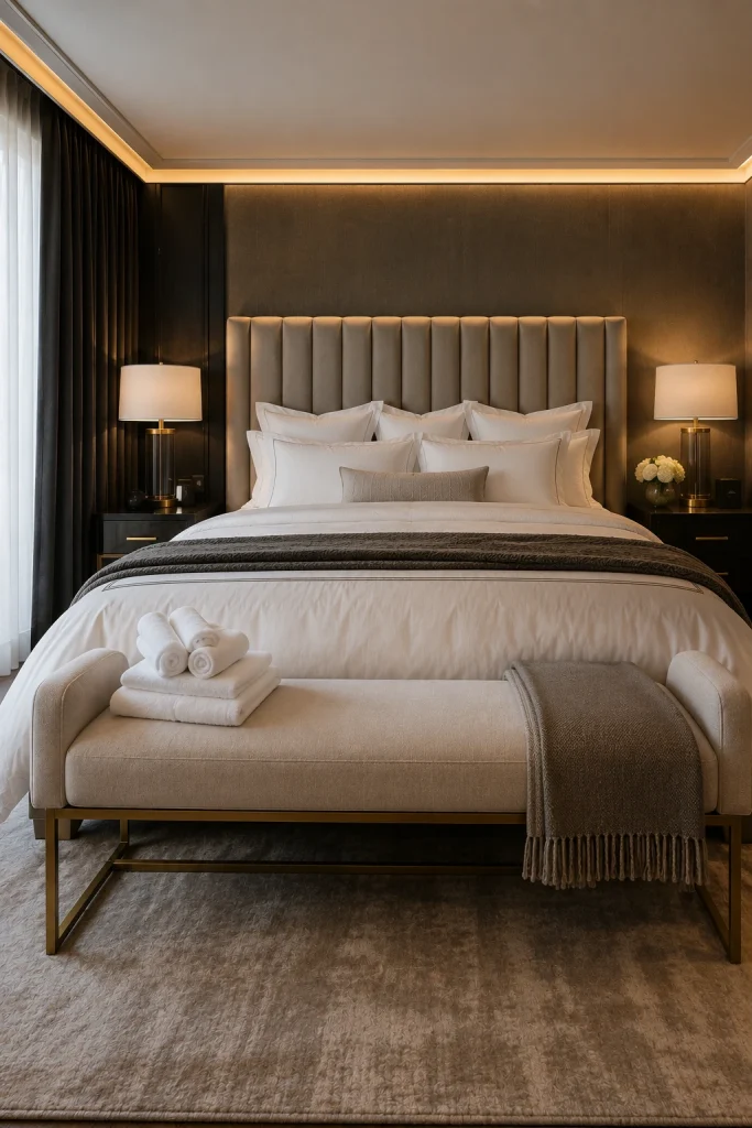 Luxury boutique hotel-inspired guest bedroom with crisp white layered bedding, a tall channel-tufted upholstered headboard, matching bedside lamps, charcoal blackout curtains, a slim bench with folded towels, and warm brass accents.