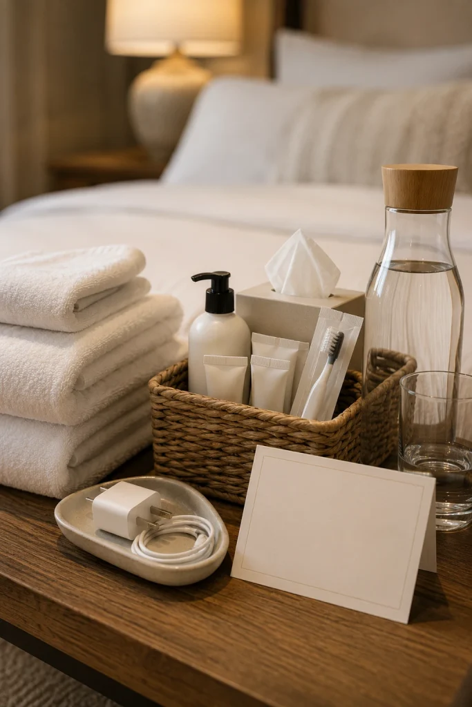 Close-up of a guest bedroom amenity setup featuring neatly folded white towels, a woven basket with travel-size toiletries, a spare toothbrush, tissues, a phone charger, a glass water carafe, and a blank note card on a wooden dresser, with a softly blurred bed in the background.