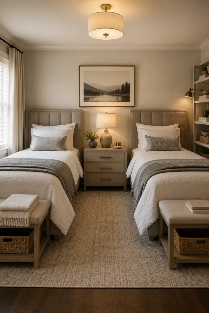 Versatile guest bedroom featuring two upholstered twin beds with matching neutral bedding, a shared nightstand with a warm table lamp, soft beige wall decor, cozy bench seating, and an open, balanced layout designed for adults, children, or visiting family members.