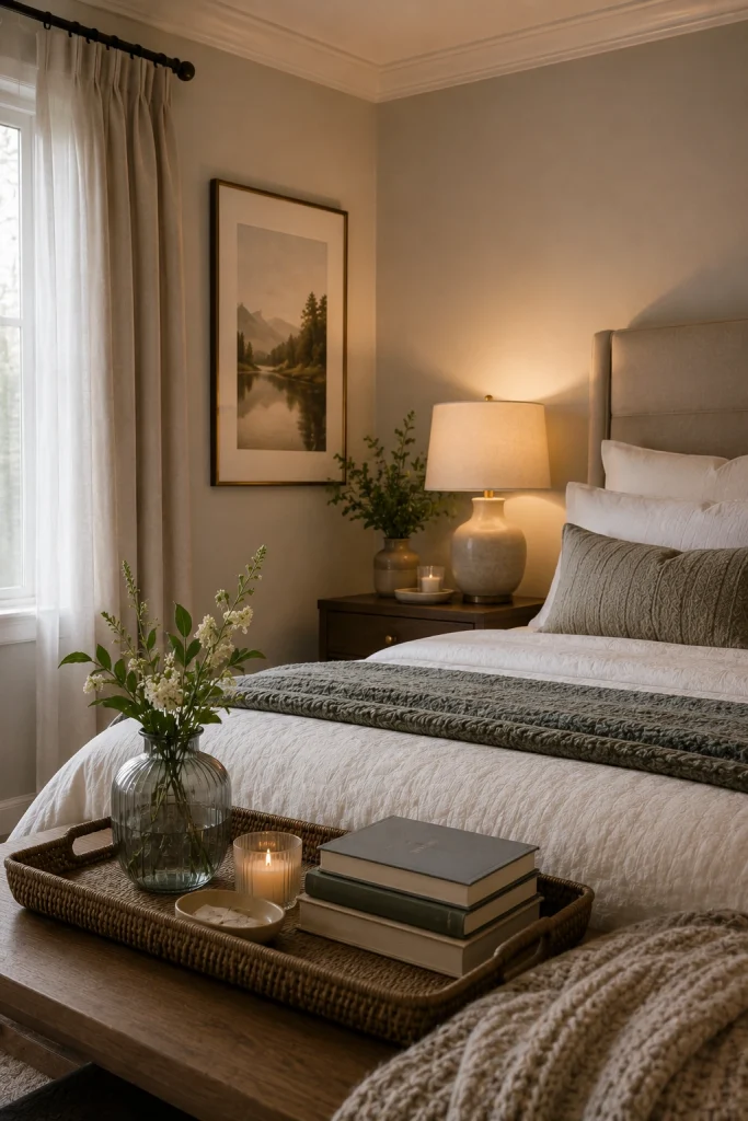 Editorial-style guest bedroom vignette featuring soft linen curtains, framed neutral wall art, a warm bedside lamp, a decorative tray with books and a candle, a small vase with fresh greenery, and layered bedding in calming beige and gray tones.