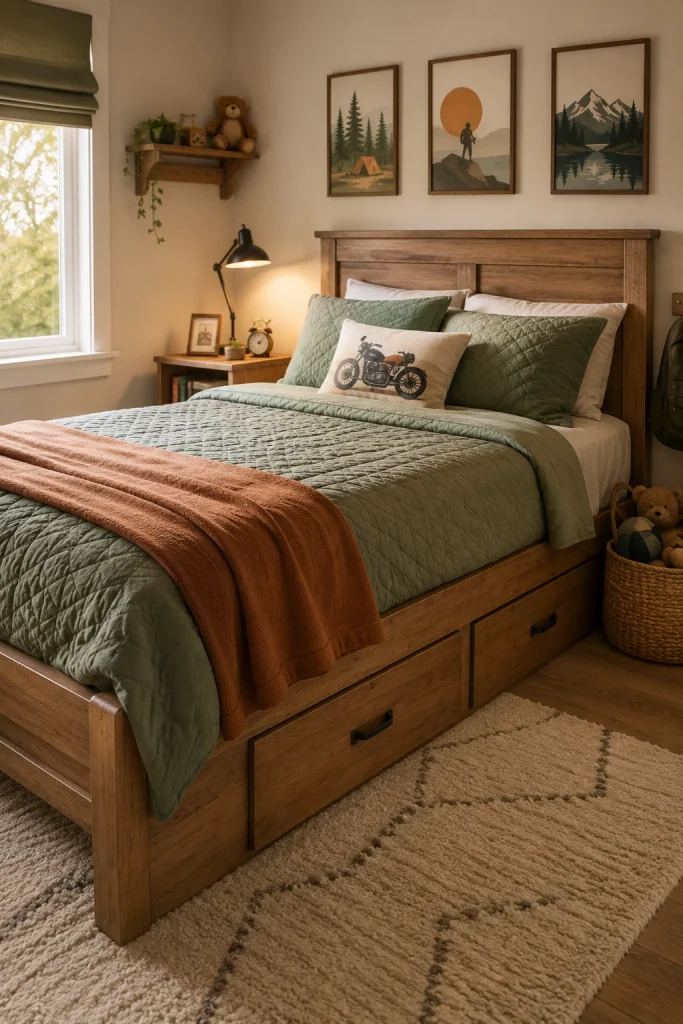 Big kids bedroom with a real twin or full-size bed, storage drawers, layered bedding, adventure wall art, toy basket, soft rug, and warm wood furniture.