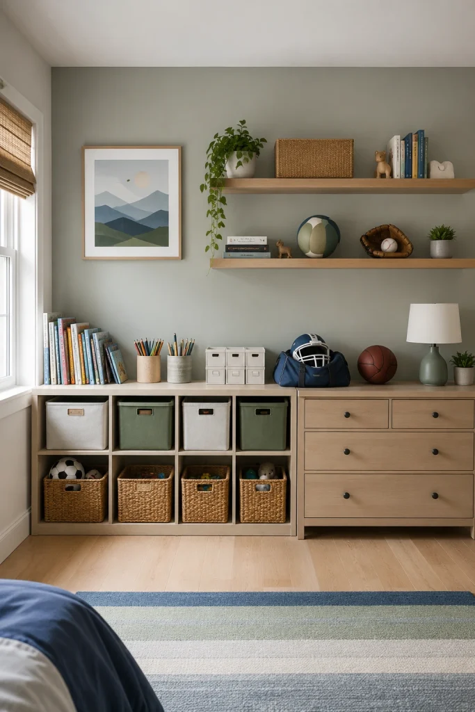 Organized big kids bedroom storage wall with cubbies, woven baskets, toy bins, books, school supplies, dresser, and easy-to-reach shelves.