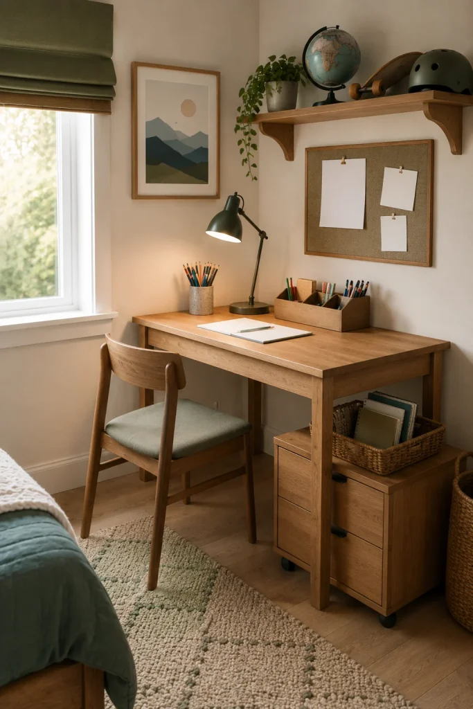 Big kids bedroom homework corner with compact wood desk, child-size chair, desk lamp, wall shelf, pencil cup, art supplies, and organized school storage.